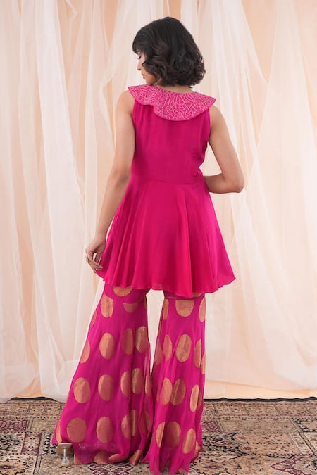 Shop_Farha Syed_Pink Crepe, Georgette Cut Work, Embroidery Hand Peplum Top And Sharara Set _at_Aza_Fashions