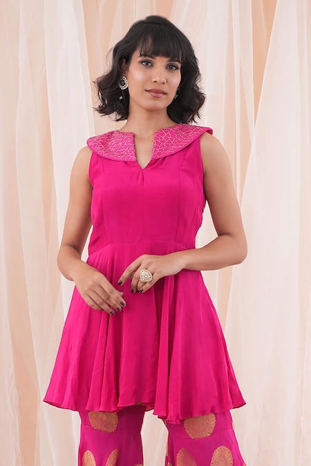 Farha Syed_Pink Crepe, Georgette Cut Work, Embroidery Hand Peplum Top And Sharara Set _Online_at_Aza_Fashions