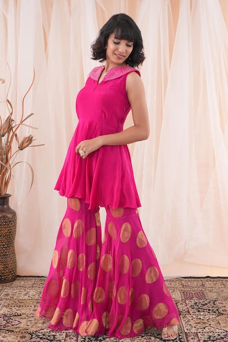 Shop_Farha Syed_Pink Crepe, Georgette Cut Work, Embroidery Hand Peplum Top And Sharara Set _Online_at_Aza_Fashions