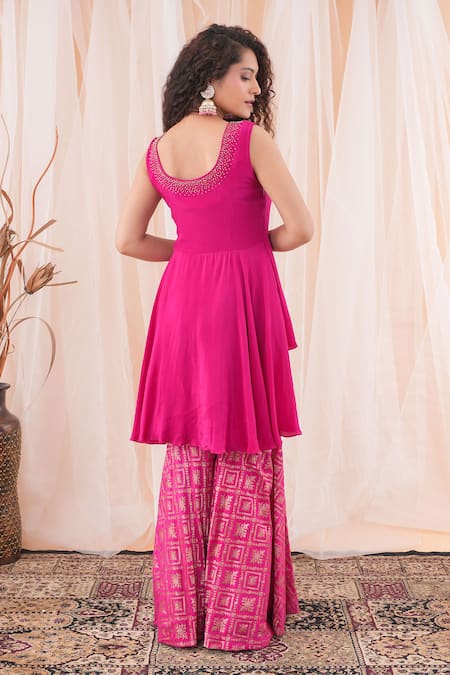 Shop_Farha Syed_Pink Crepe, Brocade Cut Work, Embroidery Round Neck Peplum Top And Sharara Set _at_Aza_Fashions