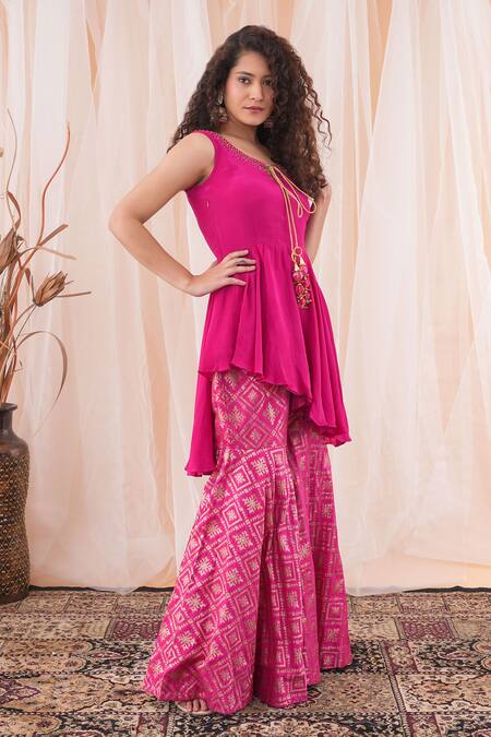 Shop_Farha Syed_Pink Crepe, Brocade Cut Work, Embroidery Round Neck Peplum Top And Sharara Set _Online_at_Aza_Fashions