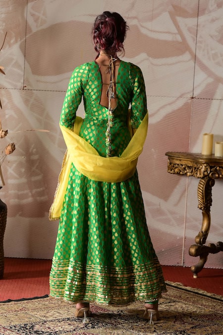 Shop_Farha Syed_Green Georgette, Silk, Chanderi, Organza Embroidery, Anarkali Churidar Set _at_Aza_Fashions