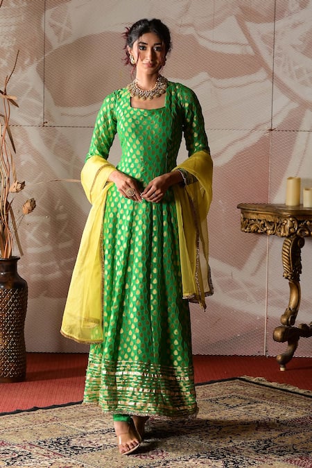 Farha Syed_Green Georgette, Silk, Chanderi, Organza Embroidery, Anarkali Churidar Set _Online_at_Aza_Fashions