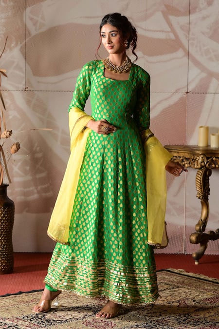 Buy_Farha Syed_Green Georgette, Silk, Chanderi, Organza Embroidery, Anarkali Churidar Set _Online_at_Aza_Fashions
