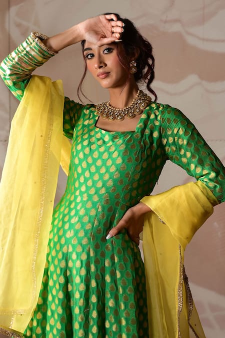 Shop_Farha Syed_Green Georgette, Silk, Chanderi, Organza Embroidery, Anarkali Churidar Set _Online_at_Aza_Fashions