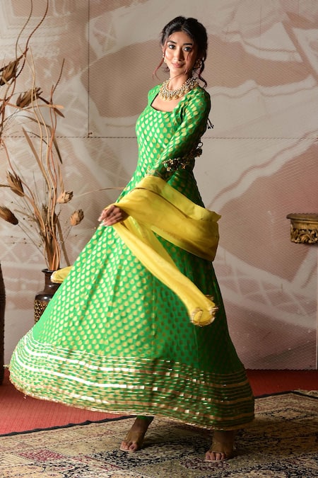 Farha Syed_Green Georgette, Silk, Chanderi, Organza Embroidery, Anarkali Churidar Set _at_Aza_Fashions
