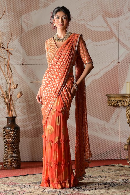 Farha Syed_Orange Georgette, Brocade Cut Work, Pre-draped Sharara Saree With Blouse _Online_at_Aza_Fashions