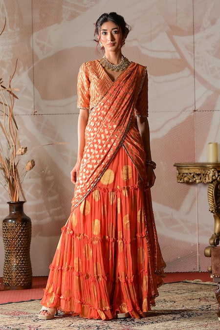 Buy_Farha Syed_Orange Georgette, Brocade Cut Work, Pre-draped Sharara Saree With Blouse _Online_at_Aza_Fashions