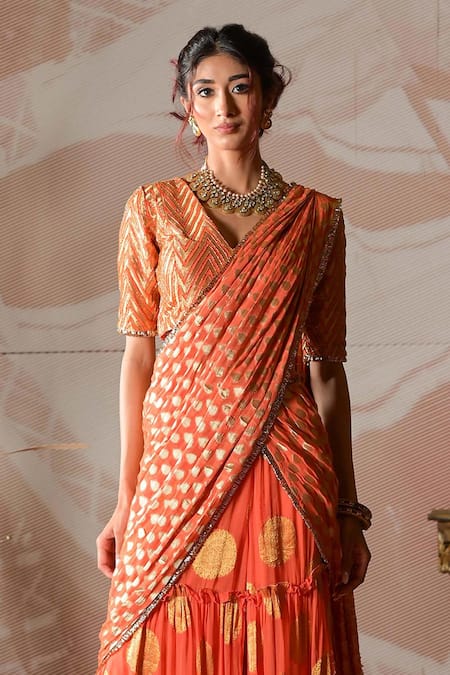 Shop_Farha Syed_Orange Georgette, Brocade Cut Work, Pre-draped Sharara Saree With Blouse _Online_at_Aza_Fashions