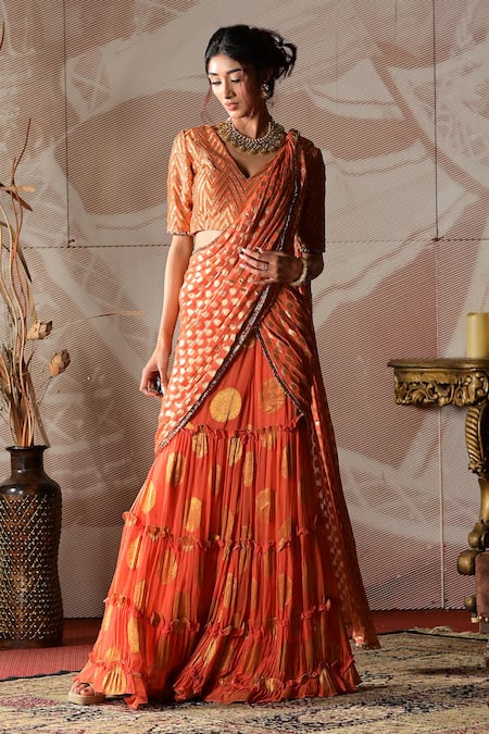Farha Syed_Orange Georgette, Brocade Cut Work, Pre-draped Sharara Saree With Blouse _at_Aza_Fashions