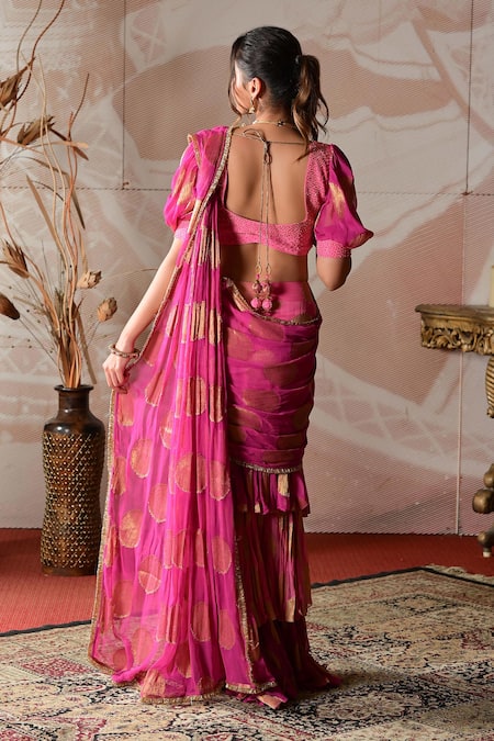 Shop_Farha Syed_Pink Brocade, Georgette Embroidery, Hand Pre-draped Sharara Saree With Blouse _at_Aza_Fashions