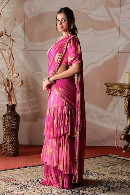 Farha Syed_Pink Brocade, Georgette Embroidery, Hand Pre-draped Sharara Saree With Blouse _Online_at_Aza_Fashions