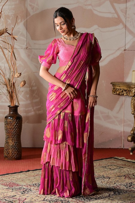 Buy_Farha Syed_Pink Brocade, Georgette Embroidery, Hand Pre-draped Sharara Saree With Blouse _Online_at_Aza_Fashions