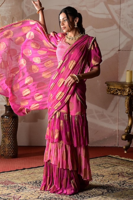 Shop_Farha Syed_Pink Brocade, Georgette Embroidery, Hand Pre-draped Sharara Saree With Blouse _Online_at_Aza_Fashions