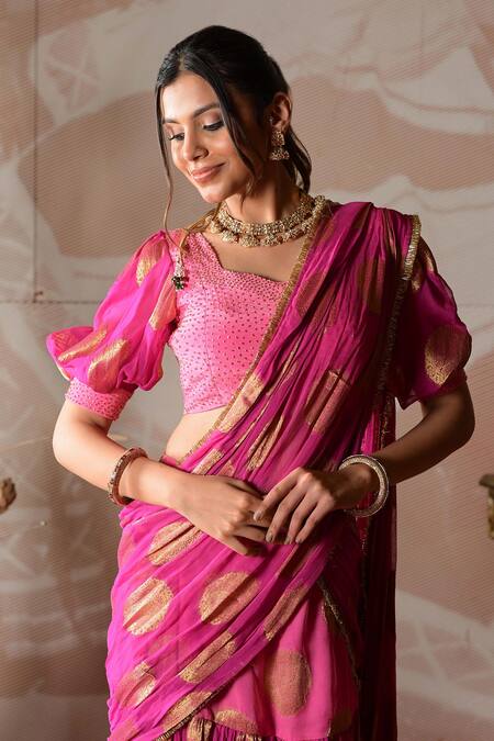 Farha Syed_Pink Brocade, Georgette Embroidery, Hand Pre-draped Sharara Saree With Blouse _at_Aza_Fashions
