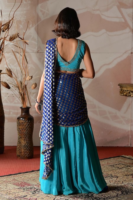 Shop_Farha Syed_Blue Crepe, Taffeta, Georgette Embroidered Blouse And Pre-draped Sharara Saree Set _at_Aza_Fashions