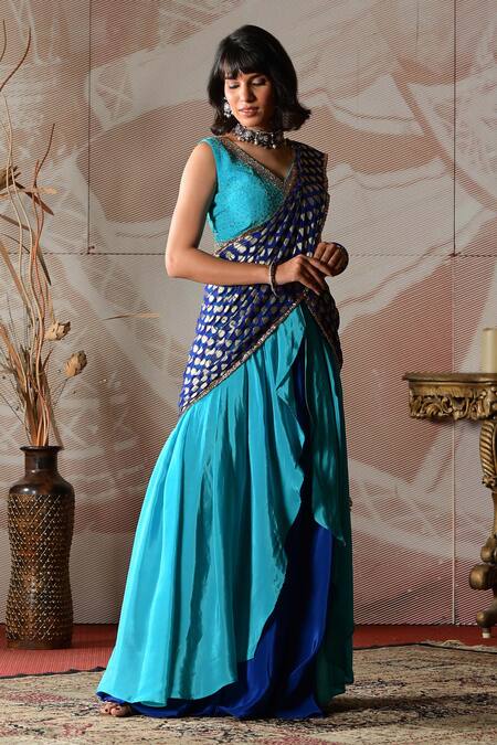 Farha Syed_Blue Crepe, Taffeta, Georgette Embroidered Blouse And Pre-draped Sharara Saree Set _Online_at_Aza_Fashions