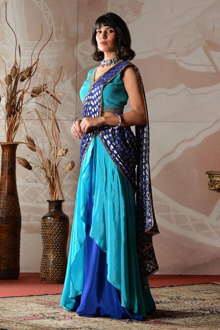 Buy_Farha Syed_Blue Crepe, Taffeta, Georgette Embroidered Blouse And Pre-draped Sharara Saree Set _Online_at_Aza_Fashions