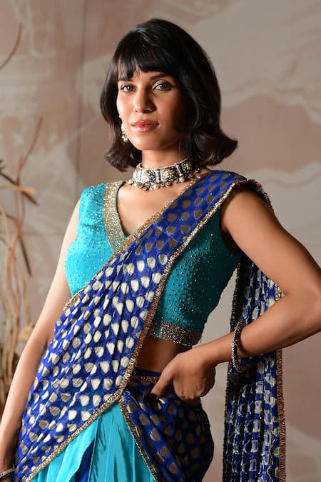 Farha Syed_Blue Crepe, Taffeta, Georgette Embroidered Blouse And Pre-draped Sharara Saree Set _at_Aza_Fashions