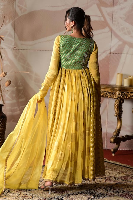Shop Farha Syed Yellow Georgette, Satin, Organza, Brocade Embroidery, Hand Jacket Anarkali Set at Aza Fashions Shop_Farha Syed_Yellow Georgette, Satin, Organza, Brocade Embroidery, Hand Jacket Anarkali Set _at_Aza_Fashions