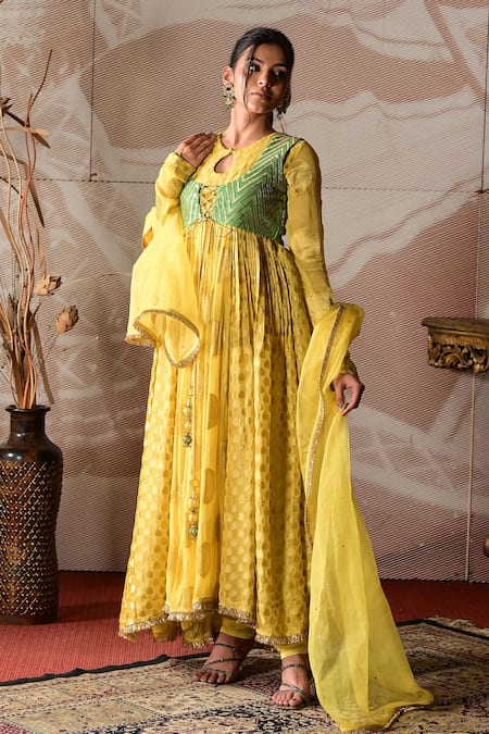 Farha Syed Yellow Georgette, Satin, Organza, Brocade Embroidery, Hand Jacket Anarkali Set Online at Aza Fashions Farha Syed_Yellow Georgette, Satin, Organza, Brocade Embroidery, Hand Jacket Anarkali Set _Online_at_Aza_Fashions