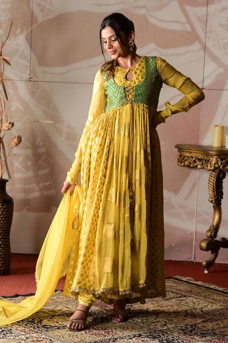Shop Farha Syed Yellow Georgette, Satin, Organza, Brocade Embroidery, Hand Jacket Anarkali Set Online at Aza Fashions Shop_Farha Syed_Yellow Georgette, Satin, Organza, Brocade Embroidery, Hand Jacket Anarkali Set _Online_at_Aza_Fashions