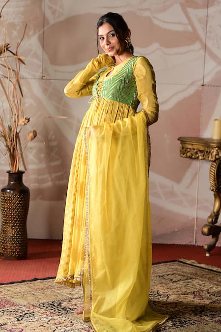 Farha Syed Yellow Georgette, Satin, Organza, Brocade Embroidery, Hand Jacket Anarkali Set at Aza Fashions Farha Syed_Yellow Georgette, Satin, Organza, Brocade Embroidery, Hand Jacket Anarkali Set _at_Aza_Fashions