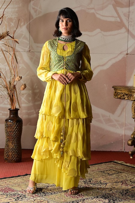 Farha Syed Yellow Anarkali Banarasi Georgette Hand Embroidered Circular Motifs Jacket Set