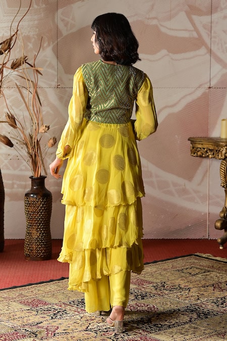 Shop Farha Syed Yellow Georgette, Brocade Cut Work, Embroidery Round Neck Jacket Anarkali Set at Aza Fashions Shop_Farha Syed_Yellow Georgette, Brocade Cut Work, Embroidery Round Neck Jacket Anarkali Set _at_Aza_Fashions