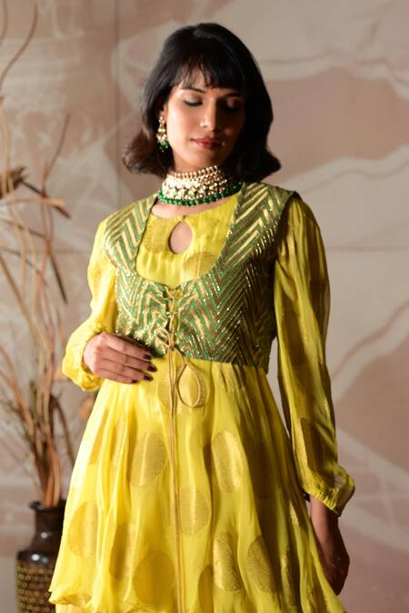 Farha Syed Yellow Georgette, Brocade Cut Work, Embroidery Round Neck Jacket Anarkali Set Online at Aza Fashions Farha Syed_Yellow Georgette, Brocade Cut Work, Embroidery Round Neck Jacket Anarkali Set _Online_at_Aza_Fashions
