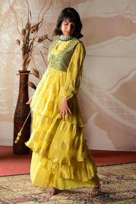 Buy Farha Syed Yellow Georgette, Brocade Cut Work, Embroidery Round Neck Jacket Anarkali Set Online at Aza Fashions Buy_Farha Syed_Yellow Georgette, Brocade Cut Work, Embroidery Round Neck Jacket Anarkali Set _Online_at_Aza_Fashions