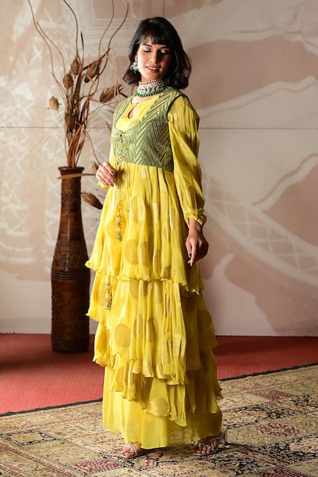 Shop Farha Syed Yellow Georgette, Brocade Cut Work, Embroidery Round Neck Jacket Anarkali Set Online at Aza Fashions Shop_Farha Syed_Yellow Georgette, Brocade Cut Work, Embroidery Round Neck Jacket Anarkali Set _Online_at_Aza_Fashions