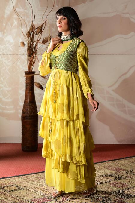 Farha Syed Yellow Georgette, Brocade Cut Work, Embroidery Round Neck Jacket Anarkali Set at Aza Fashions Farha Syed_Yellow Georgette, Brocade Cut Work, Embroidery Round Neck Jacket Anarkali Set _at_Aza_Fashions