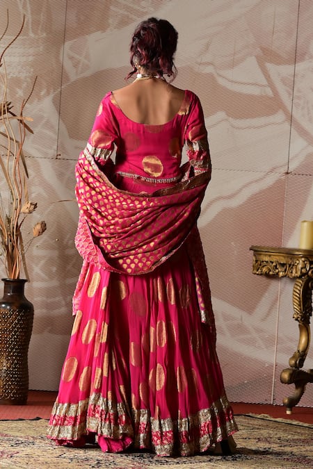 Shop_Farha Syed_Pink Brocade, Georgette Gota Patti Round Neck Embroidered Blouse Lehenga Set _at_Aza_Fashions