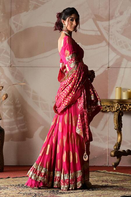 Farha Syed_Pink Brocade, Georgette Gota Patti Round Neck Embroidered Blouse Lehenga Set _Online_at_Aza_Fashions