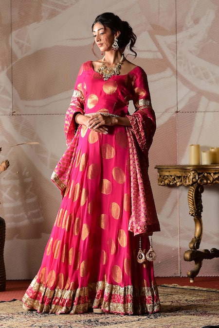 Buy_Farha Syed_Pink Brocade, Georgette Gota Patti Round Neck Embroidered Blouse Lehenga Set _Online_at_Aza_Fashions