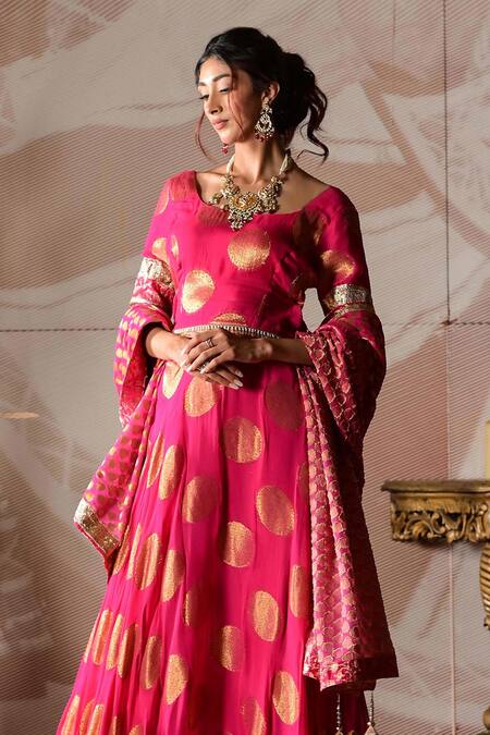 Shop_Farha Syed_Pink Brocade, Georgette Gota Patti Round Neck Embroidered Blouse Lehenga Set _Online_at_Aza_Fashions