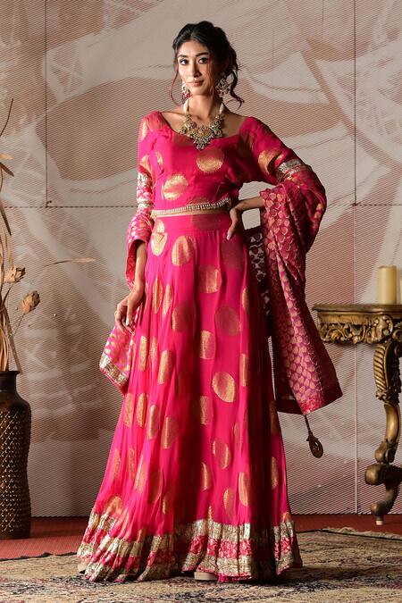 Farha Syed_Pink Brocade, Georgette Gota Patti Round Neck Embroidered Blouse Lehenga Set _at_Aza_Fashions