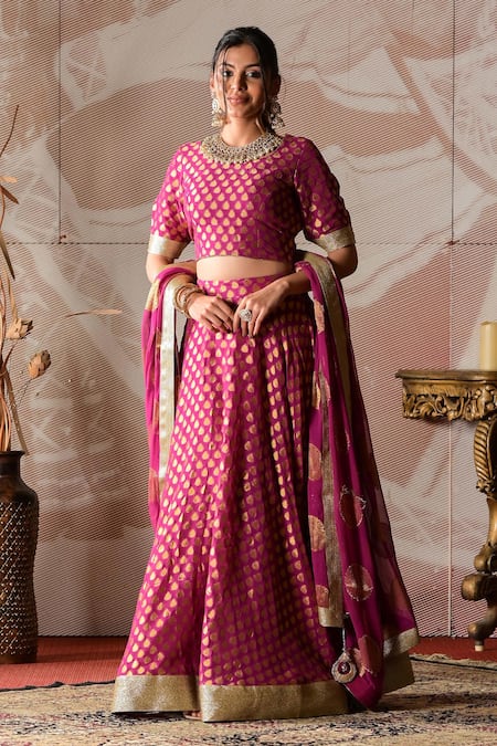 Shop Farha Syed Wine Brocade, Georgette Gota Patti, Embroidery Round Neck Blouse Lehenga Set at Aza Fashions Shop_Farha Syed_Wine Brocade, Georgette Gota Patti, Embroidery Round Neck Blouse Lehenga Set _at_Aza_Fashions