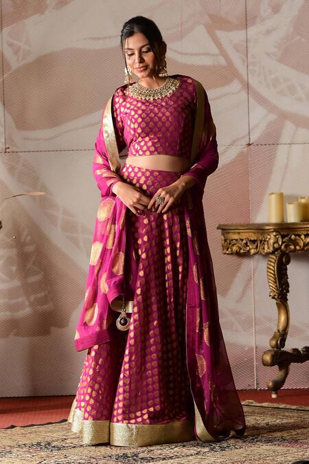 Farha Syed Wine Brocade, Georgette Gota Patti, Embroidery Round Neck Blouse Lehenga Set Online at Aza Fashions Farha Syed_Wine Brocade, Georgette Gota Patti, Embroidery Round Neck Blouse Lehenga Set _Online_at_Aza_Fashions