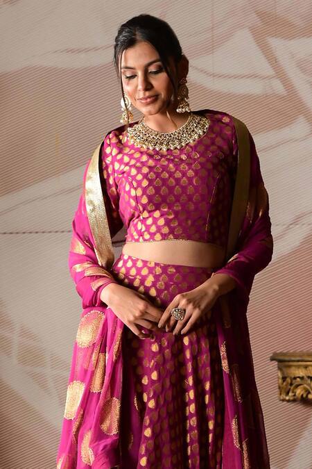 Buy Farha Syed Wine Brocade, Georgette Gota Patti, Embroidery Round Neck Blouse Lehenga Set Online at Aza Fashions Buy_Farha Syed_Wine Brocade, Georgette Gota Patti, Embroidery Round Neck Blouse Lehenga Set _Online_at_Aza_Fashions