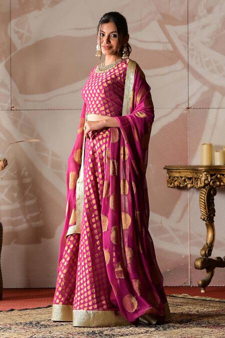 Farha Syed Wine Brocade, Georgette Gota Patti, Embroidery Round Neck Blouse Lehenga Set at Aza Fashions Farha Syed_Wine Brocade, Georgette Gota Patti, Embroidery Round Neck Blouse Lehenga Set _at_Aza_Fashions