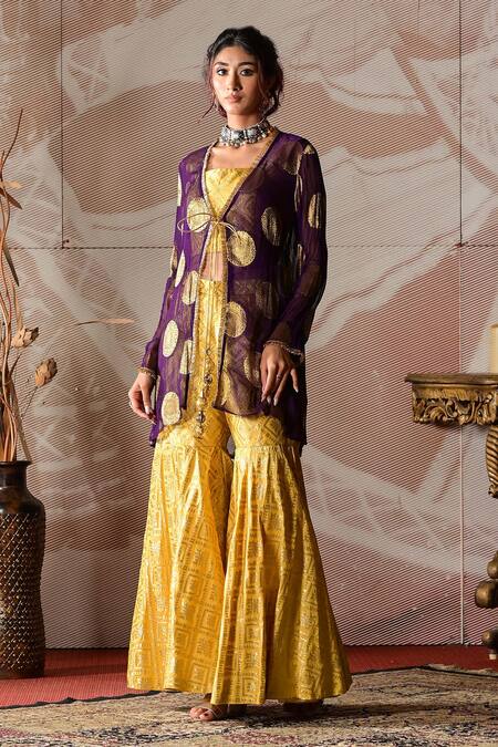 Farha Syed_Purple Georgette, Brocade Embroidery Square Neck Jacket Sharara Set _Online_at_Aza_Fashions