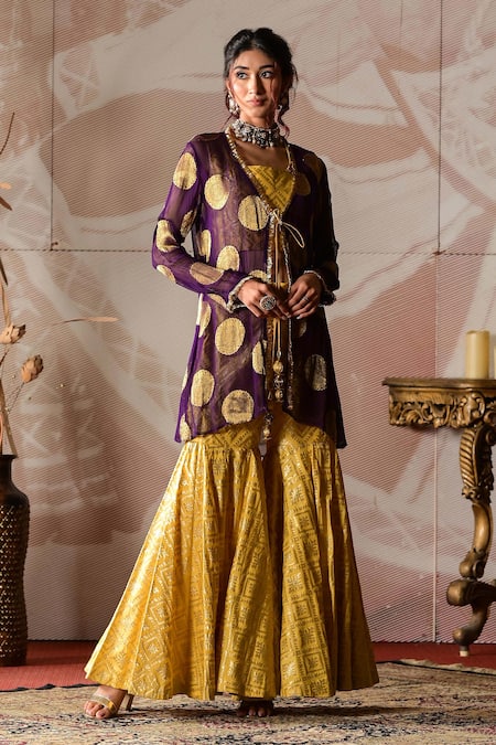 Buy_Farha Syed_Purple Georgette, Brocade Embroidery Square Neck Jacket Sharara Set _Online_at_Aza_Fashions