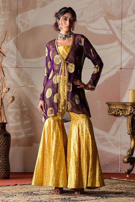Farha Syed_Purple Georgette, Brocade Embroidery Square Neck Jacket Sharara Set _at_Aza_Fashions