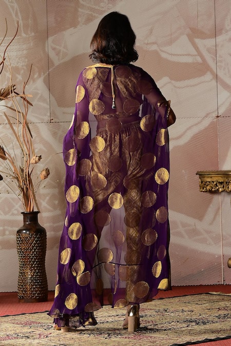 Shop_Farha Syed_Purple Brocade Cut Work Round Neck Circular Motifs Embroidered Jacket Pant Set _at_Aza_Fashions