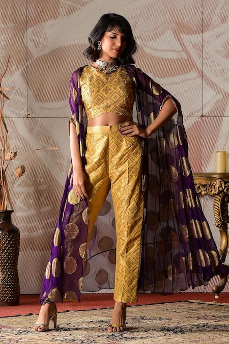 Farha Syed_Purple Brocade Cut Work Round Neck Circular Motifs Embroidered Jacket Pant Set _Online_at_Aza_Fashions