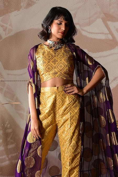 Buy_Farha Syed_Purple Brocade Cut Work Round Neck Circular Motifs Embroidered Jacket Pant Set _Online_at_Aza_Fashions