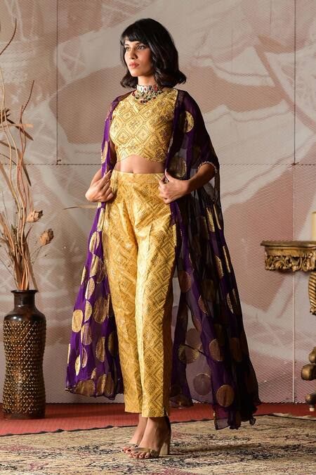 Shop_Farha Syed_Purple Brocade Cut Work Round Neck Circular Motifs Embroidered Jacket Pant Set _Online_at_Aza_Fashions