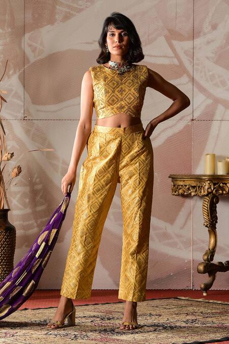 Farha Syed_Purple Brocade Cut Work Round Neck Circular Motifs Embroidered Jacket Pant Set _at_Aza_Fashions